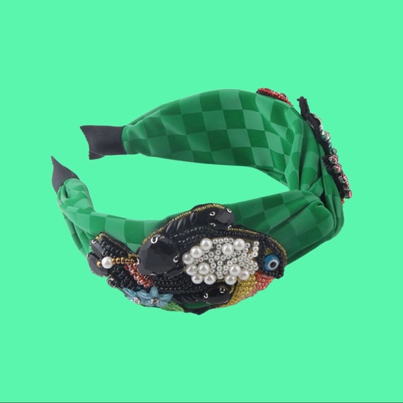 Accessories - New Handmade Green Gems Beaded Glamorous and Pearls Parrot Quality Headband